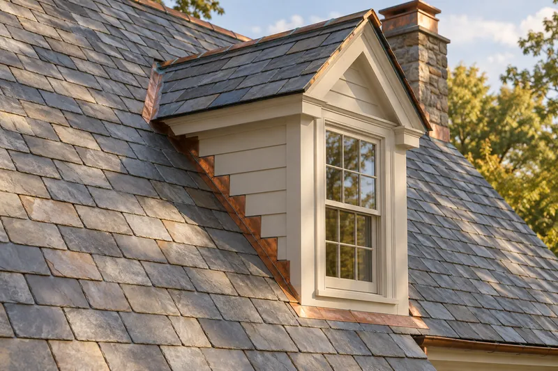 Illustration of a slate roof around a painted dormer, with copper-colored flashing and a stone chimney