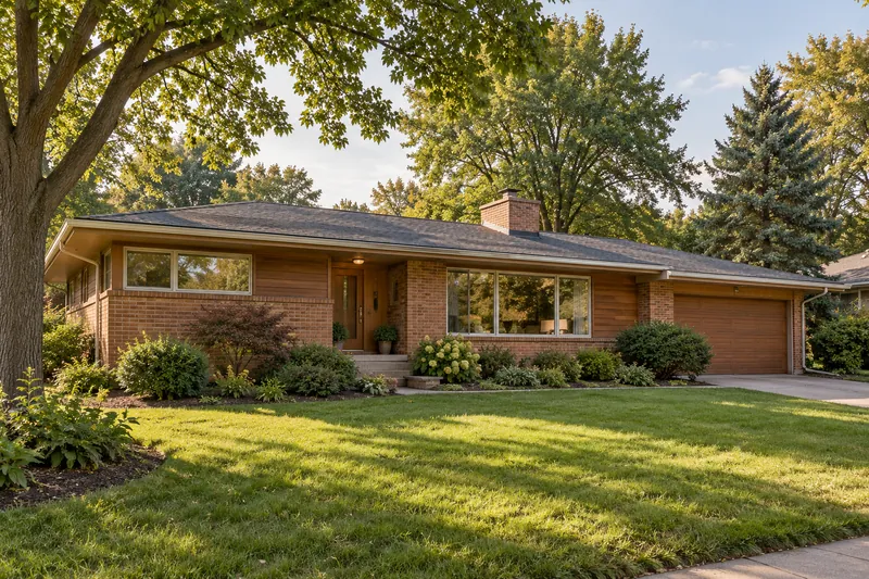 Illustration of a single-story mid-century ranch with brick walls, broad windows and a low-pitched roof
