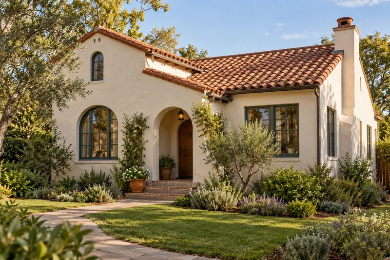 Illustration of a Spanish Revival house with cream stucco, a red tile roof and arched openings