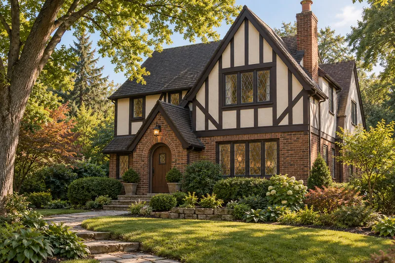 Illustration of a Tudor Revival house with half-timbered gables, brickwork and an arched doorway